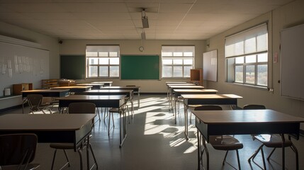 An empty classroom, symbolizing education - related issues. Generative ai.