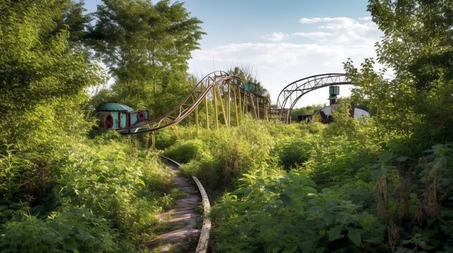 An abandoned amusement park, overgrown with vegetation, copyspace for text. Generative ai.