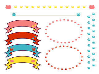 ネコと肉球のカラフルなリボンフレームとラインのセット
