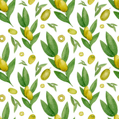 Watercolor pattern, branches with green olives and leaves, cut on a white background. For various products, textiles etc