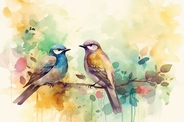 Watercolor illustration of two birds in pastel colors. Generative AI