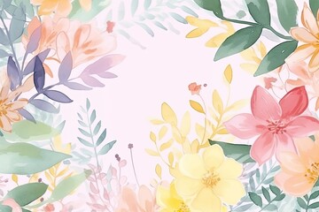 Fototapeta na wymiar Background of colorful flowers with leaves. Watercolor illustration. Generative AI