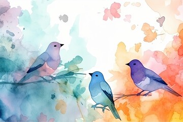 Watercolor beautiful birds in pastel colors. Generative AI