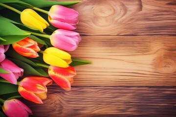 Tulip border with copy space. Beautiful frame composition of spring flowers. Pink and yellow tulips flowers on vintage wooden background - Generative AI