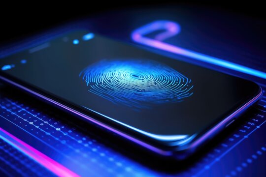 Biometric fingerprint blue color on the phone. Generative AI