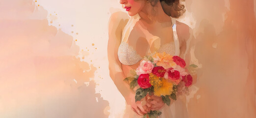 Watercolor drawing of an elegant, slim, sexy girl in lingerie with flowers. Generative AI.