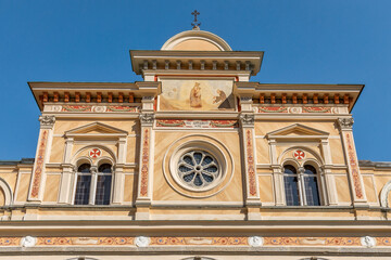 Facade of Madonna del Sasso church in Locarno, Ticino, Switzerland - 592323229
