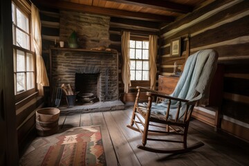 rustic cabin with fireplace, rocking chair and quilt, created with generative ai