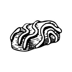 Chocolate sweet bar sketch. Confectionery food, candy, waffles, nut nougat. Yummy dessert. Candies with filling. Cocoa bean product. Hand drawn vector doodle illustration.