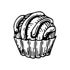 Chocolate sweets sketch. Confectionery food, candy, truffle. Delicious dessert. Candies with sprinkles. Yummy. Cocoa bean product. Hand drawn vector doodle illustration.