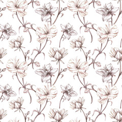 Seamless pattern peony branch isolated on white background. Watercolor hand drawn botanical illustration. Art for design