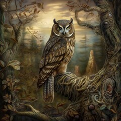 A majestic owl perched on a branch, symbolizing knowledge and wisdom, with piercing eyes and powerful wings. The surrounding landscape invites exploration of knowledge and understanding. 