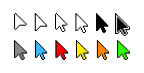 Pixel 8 bit cursor arrow vector set. 8bit collection of pixelated direction arrows. isolated icons. pixel art.	
