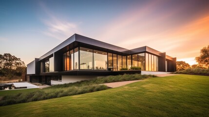 Obraz premium Luxurious Modern Dream Home Showcasing Sleek Minimalist Architecture and Breathtaking Landscape in High-Quality Architectural Photography