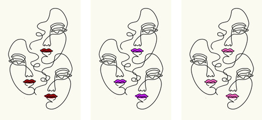 Set of minimal line drawing art posters facial lip design composition in trendy contemporary collage style, for wall art decoration, postcard, cover design