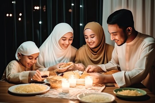 Group Of Happy  Muslim Having Dinner  During Ramadan Celebration,family Cooking Together, Ai Generation