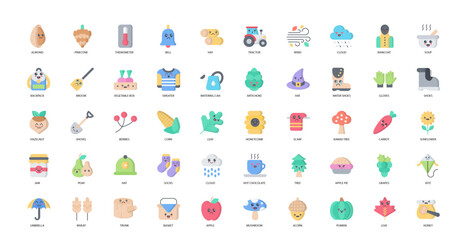 Kawaii Flat Icons Cloud Jam Grapes Icon Set in Color Style 50 Vector Icons
