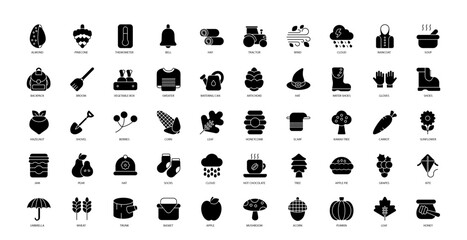 Kawaii Glyph Icons Cloud Jam Grapes Icon Set in Glyph Style 50 Vector Icons in Black