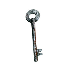 Rusty metal old style key isolated on white background. Watercolor hand drawing realistic illustration. Art for design