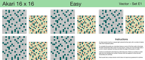 5 Easy Akari 16 x 16 Puzzles. A set of scalable puzzles for kids and adults, which are ready for web use or to be compiled into a standard or large print activity book.