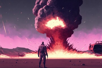 sci-fi sequence of man with his transportation observing bomb blast on earth Fantasy concept , Illustration painting. Generative AI