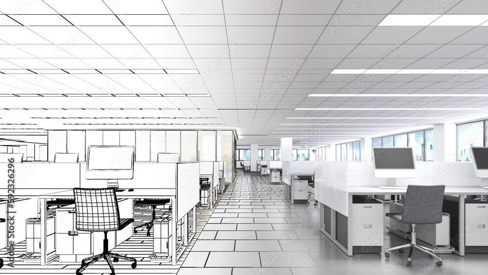 Poster office space for working with computers, office equipment,a combination of line drawings and color.,