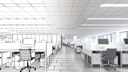 office space For working with computers, office equipment,a combination of line drawings and color.,3d rendering