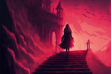 Naklejka premium Little Red Riding Hood ascending stairs to the sorceress's fortress at sundown Fantasy concept , Illustration painting. Generative AI