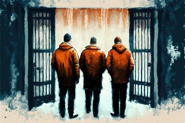 Trio of inmates striding in forsaken correctional facility during wintertime Fantasy concept , Illustration painting. Generative AI
