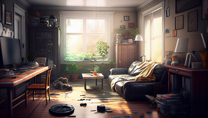 mess, disorder and interior concept - view of messy home kids room with scattered stuff. Bachelors Apartment.