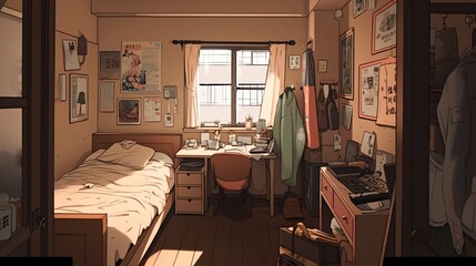 A beautifully rendered digital painting of a Japanese student's room, with an emphasis on the natural surroundings outside the window .