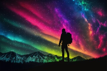 Obraz na płótnie Canvas Hiker carrying backpack admiring mountains and colorful aurora in nocturnal landscape. Fantasy concept , Illustration painting. Generative AI