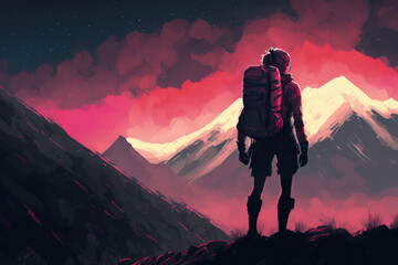 Hiker carrying backpack admiring mountains and colorful aurora in nocturnal landscape. Fantasy concept , Illustration painting. Generative AI
