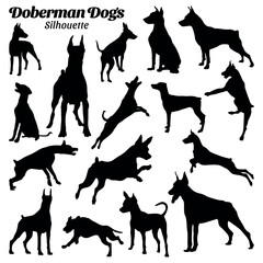 Collection set of Doberman dog silhouette vector illustrations.