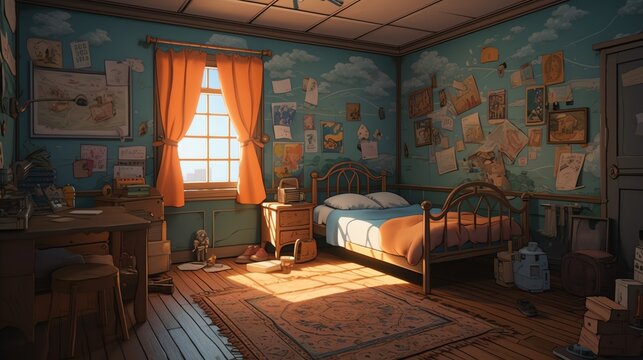 A beautiful digital painting of a Japanese student's room, with natural lighting and a soft color palette, showcasing the student's love for anime and gaming through their decor.
