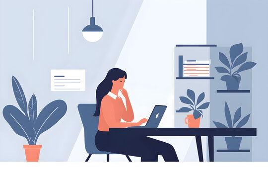 Flat vector illustration People with passion make things possible. Shot of a young businesswoman using her mobile phone at her desk in a modern office.