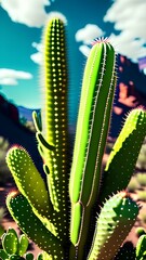 Close up view of green Cereus plant growing in cactus valley near different species against cloudless sky - generative ai