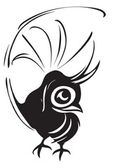 Surprised open-eyed bird stylized as a logo. Also good for tattoo. Editable vector monochrome image with high details isolated on white