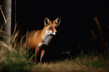 Fox preparing to hunt at night on a farm, Generative AI