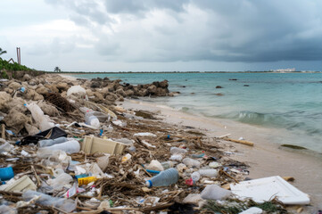 Fototapeta na wymiar Beach polluted with garbage, litter and plastic waste, Generative AI