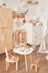 Children's educational wooden toys. Nursery decor. Scandinavian style playroom