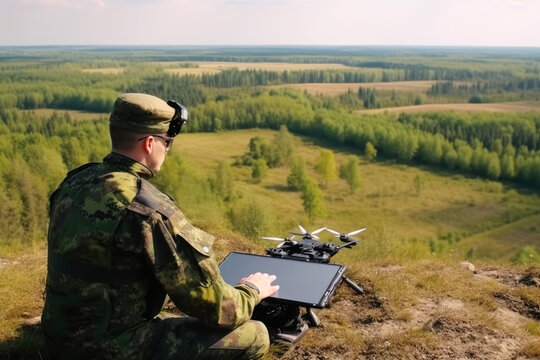 Military drone operator soldier using flying UAV above a field, Ukraine Russia war, Generative AI