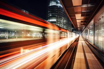 Fototapeta na wymiar Fast modern train moving through the city the night. Generative AI