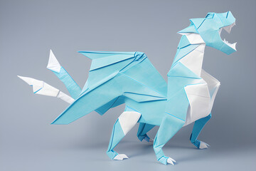 Paper origami white-blue dragon on a gray background. Generative AI