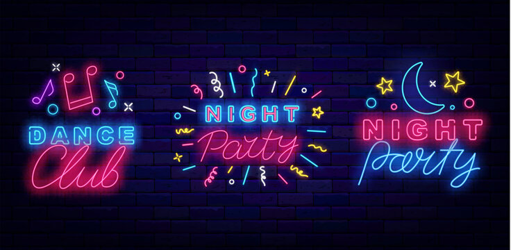Music night neon signs collection. Performance flyer. Luminous advertising. Confetti firework. Vector stock illustration