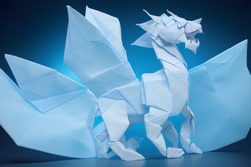Sea white dragon origami paper on a blue background. Generative AI