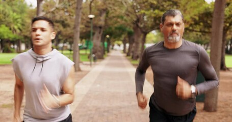 Personal trainer, fitness and man running outdoor with mature man run for exercise and sports. Nature, park trail and confident of men with cardio and wellness for sport training and workout