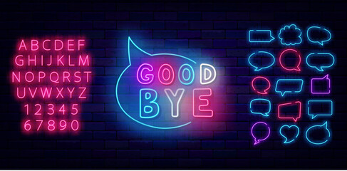Good bye neon label. Speech bubbles frames set. Multicolored handwritten text. Vector stock illustration