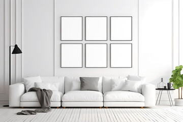 A white living room with sofa, coffee table, pillows, green plant. Six rectangular vertical frames mockup of empty space on the wall. Scandinavian style, lagom. 3d Illustration, generative AI