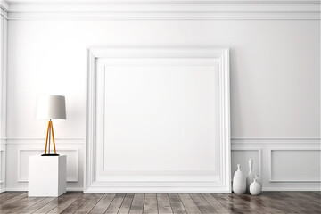 Rectangular vertical blank space mockup frame on wooden floor. White living room with vases, rectangular podium with table lamp. Minimalism. Scandinavian style. 3D illustration, generative ai